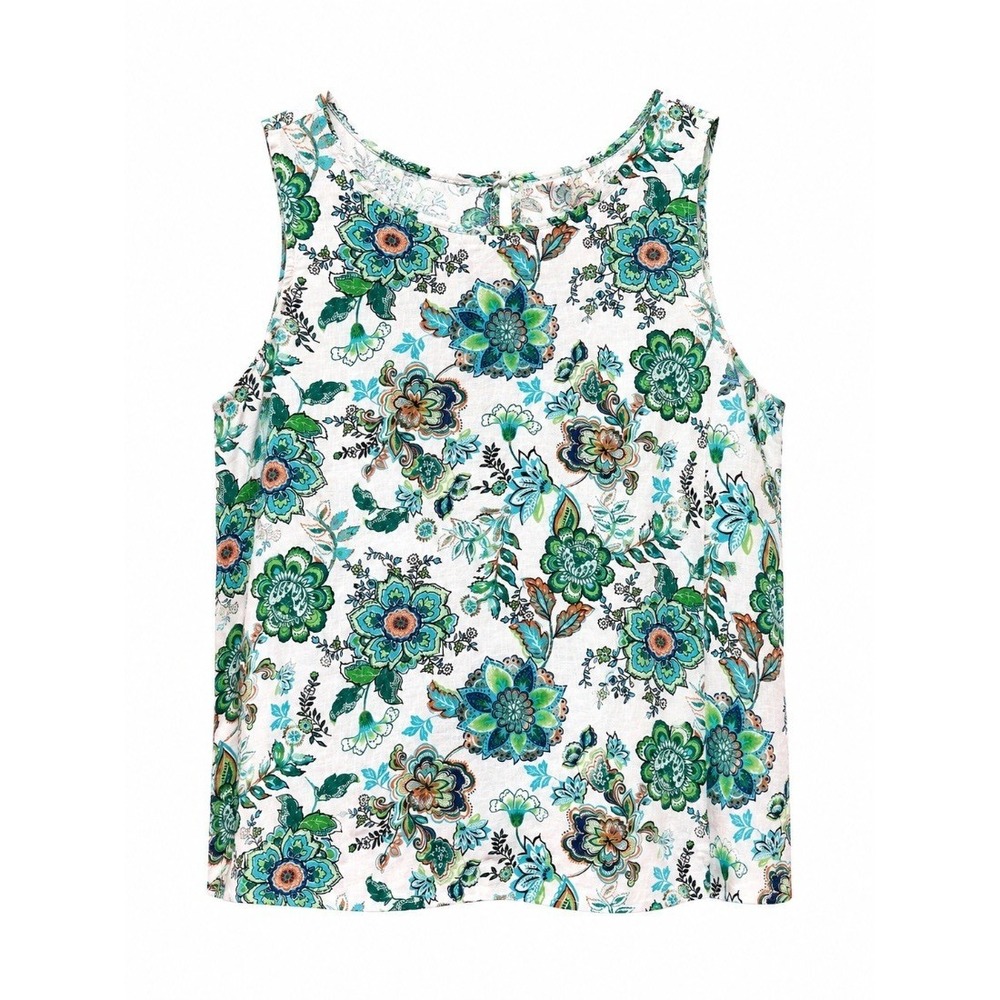 Womens Floral Linen Rayon Sleeveless Blouse Top Green Blue White Tie Back size X - Picture 1 of 13